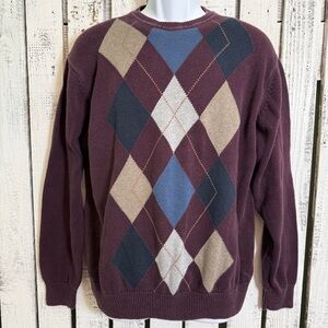 Vintage Haggar Mens Long Sleeve Argyle  Sweater Size Large Burgundy Grandpa Core